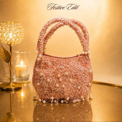 Sequin & Pearl Fringe Rose Gold Handbag